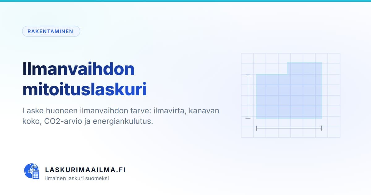 Ilmanvaihdon mitoituslaskuri – Laske huoneen ilmanvaihdon tarve: ilmavirta, kanavan koko, CO2-arvio ja energiankulutus