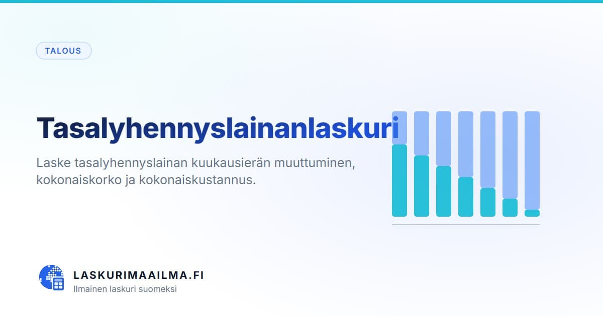 Tasalyhennyslainanlaskuri – Laske tasalyhennyslainan kuukausierän muuttuminen, kokonaiskorko ja kokonaiskustannus