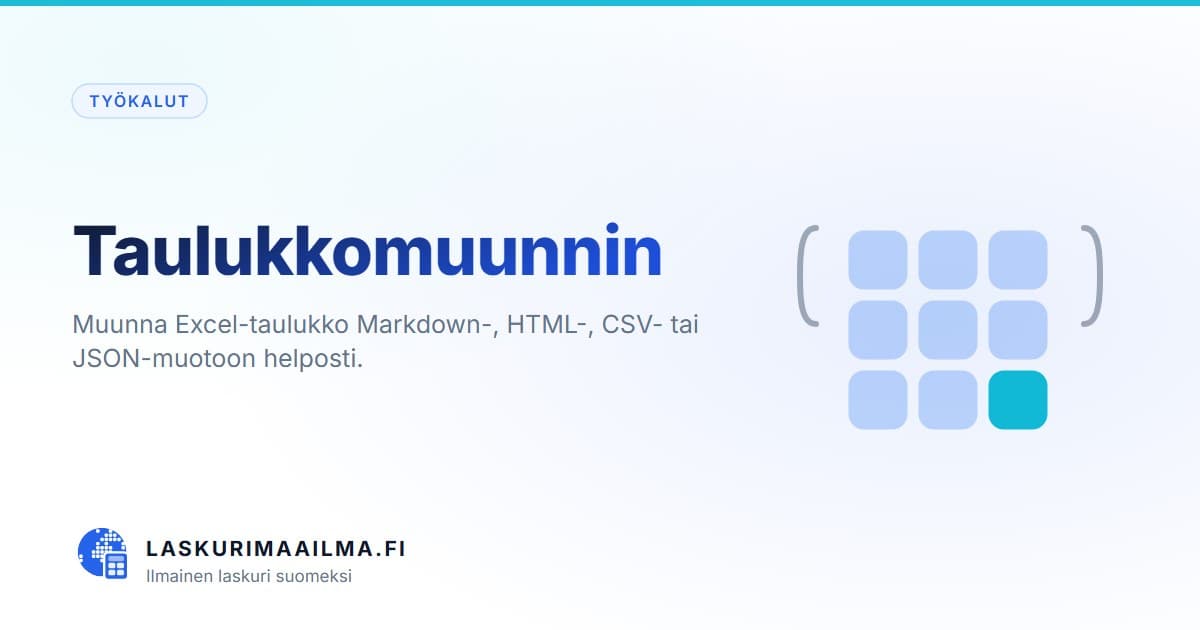 Taulukkomuunnin – Muunna Excel-taulukko Markdown-, HTML-, CSV- tai JSON-muotoon helposti