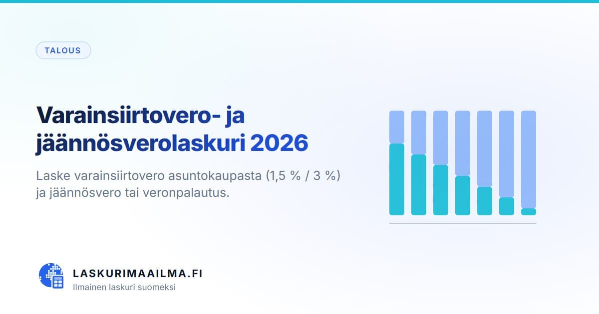 Varainsiirtovero- ja jäännösverolaskuri 2026 – Laske varainsiirtovero asuntokaupasta (1,5 % / 3 %) ja jäännösvero tai veronpalautus